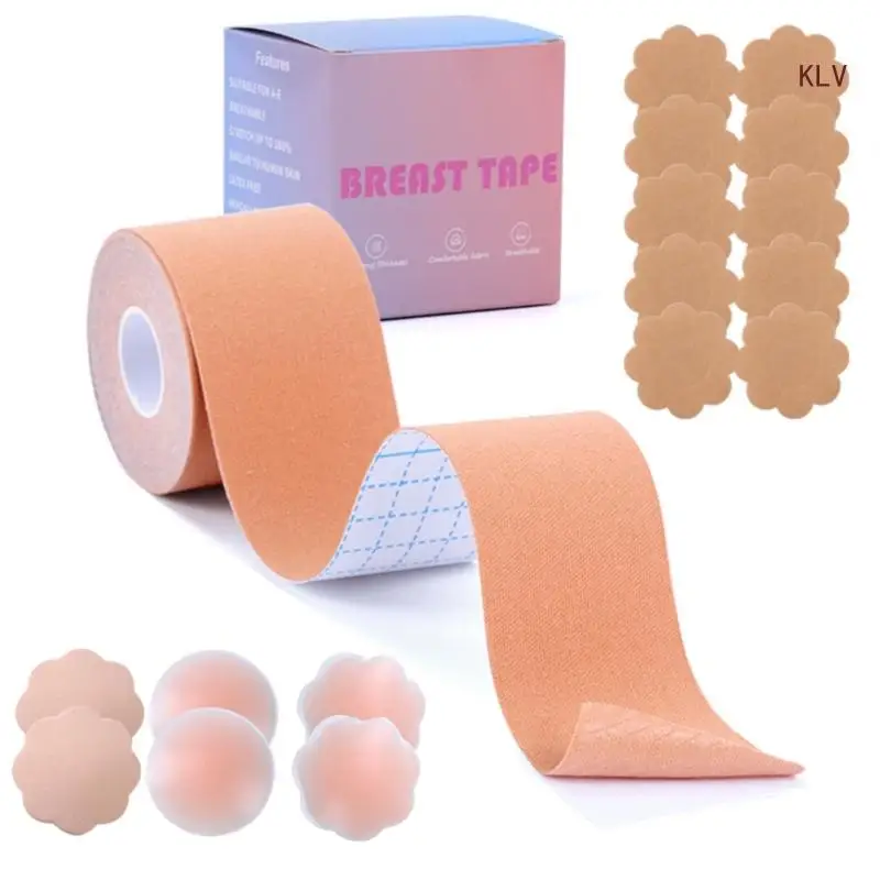 

Breast Tape Push Up Chest Lifting Tape Roll with Invisible Disposable Flower Nipple Cover Pads Silicone Pasties Set