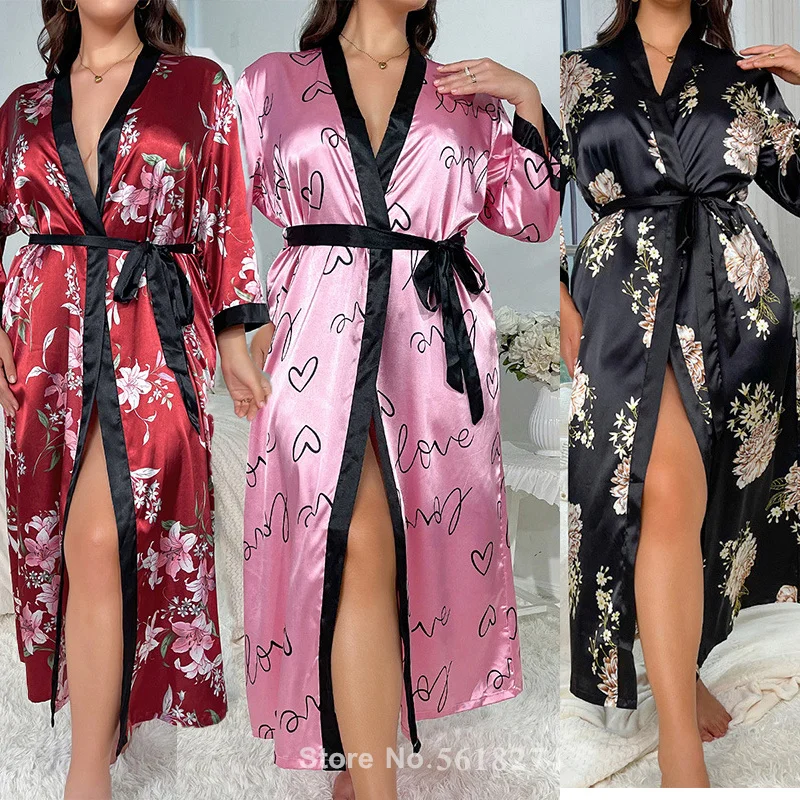 PLUS SIZE 5XL Sexy Love Print Flower Long Robe Nightgown Kimono Bathrobe Gown Elegant Sleepwear Women Satin Home Dressing Gown