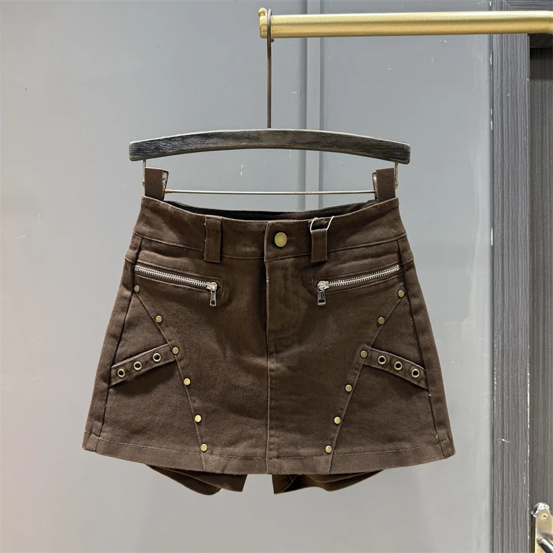 American style street design denim short skirt pants for women in the autumn of 2025 slim high waist wide leg boots pants