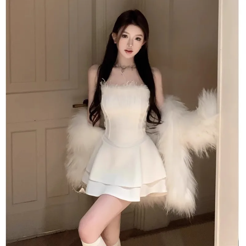 

Spicy Girl Strapless Bra Top Fluffy Skirt Two-piece Set Women Collarbone Plush Splice Sleeveless Solid Slim Summer Banquet Wear