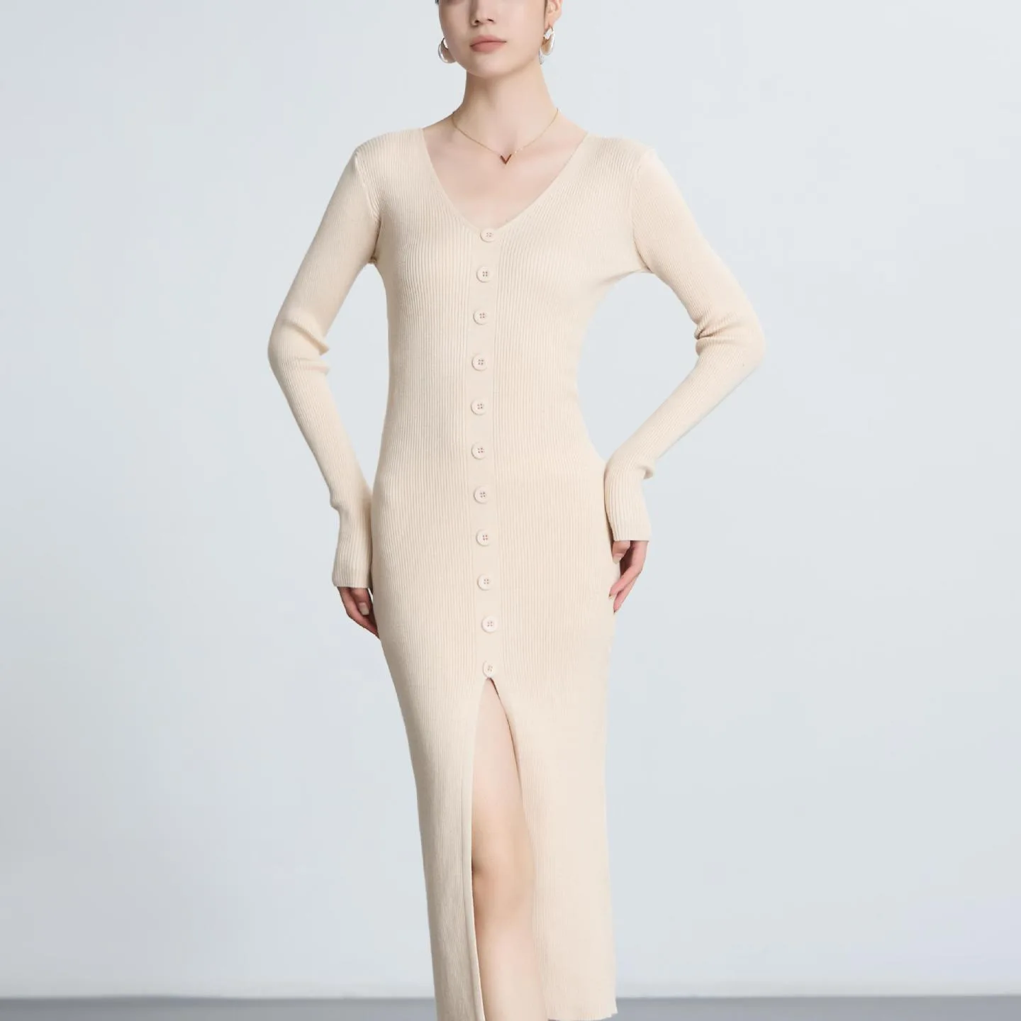 

2025 Autumn/Winter New V-neck Long Sleeve Single-Breasted Knitted Dress Slim-Fit Bodycon Mid-Length Skirt for Women