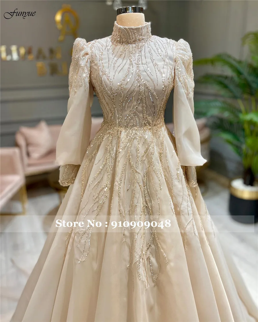 Funyue Luxury Dubai Muslim High Neck Wedding Dresses For Woman Beige Puff Sleeve Sparkly Beads Arabic Wedding Party Gowns 2025