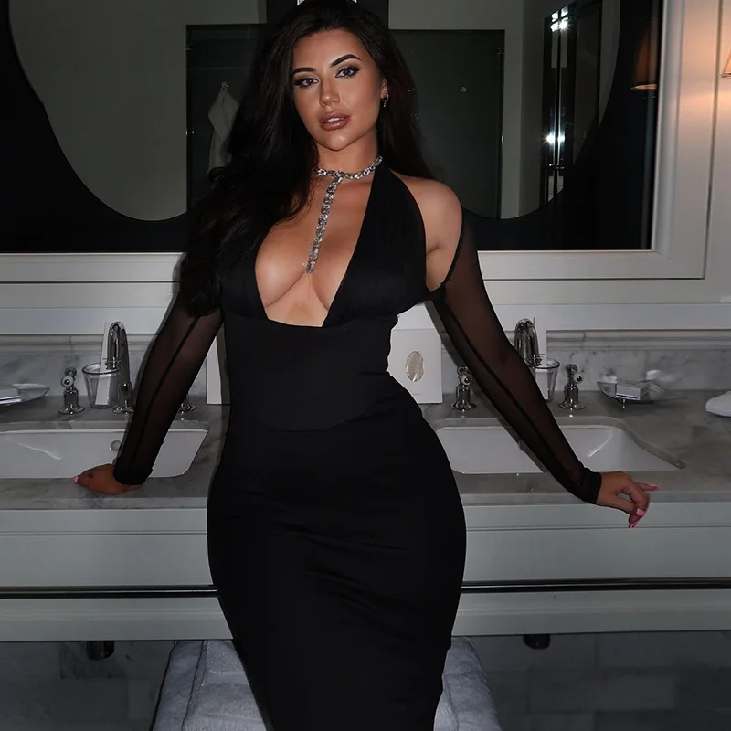 

SKMY Y2k Clothes Women Fashion Solid Color Black Dress Sexy Night Club Outfit Deep V-Neck Off Shoulder Long Sleeve Bodycon Dress