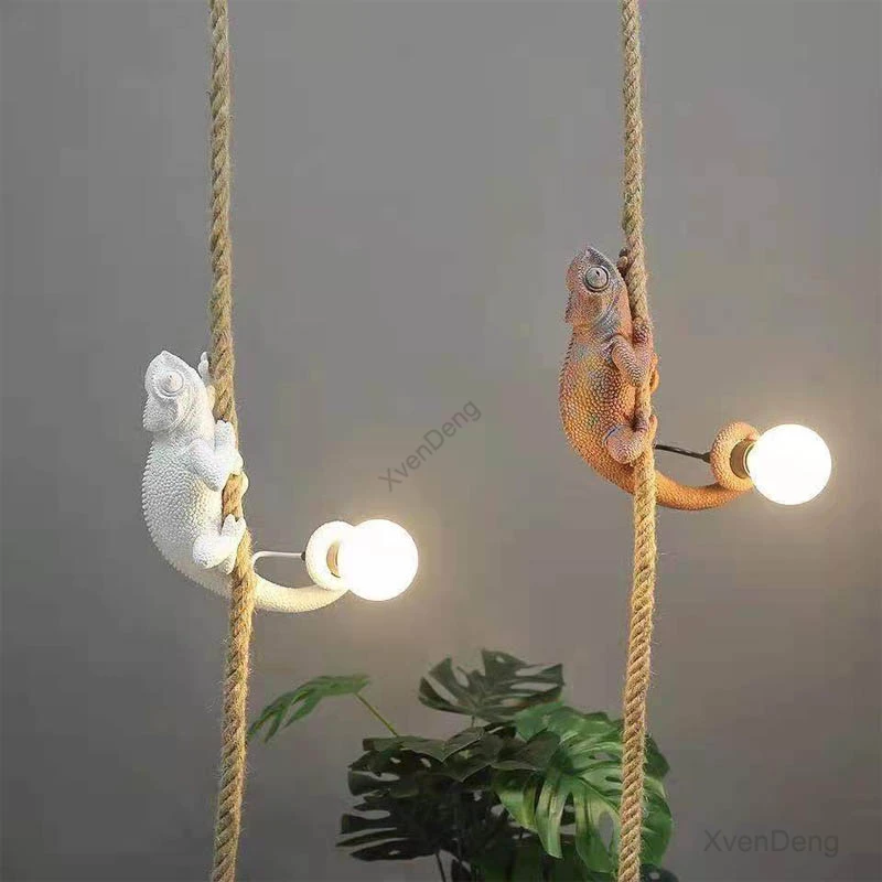 

Resin Lizard Pendant Lights for Living Room Decoration Hemp Rope Animal Chameleon Hanging Lamp Bedroom Decor Led Kitchen Light