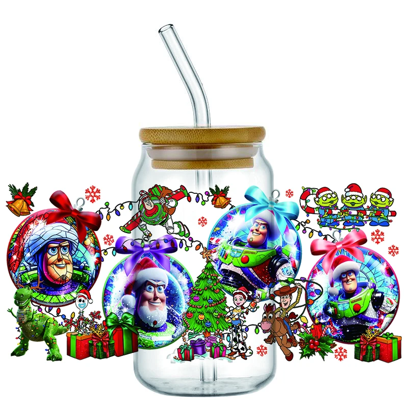 Miniso Toy Story Christmas pattern 3D Wrap Transfer Sticker For 16oz Libby Glass Cup Wraps Decal Waterproof Mug UV DTF Sticker