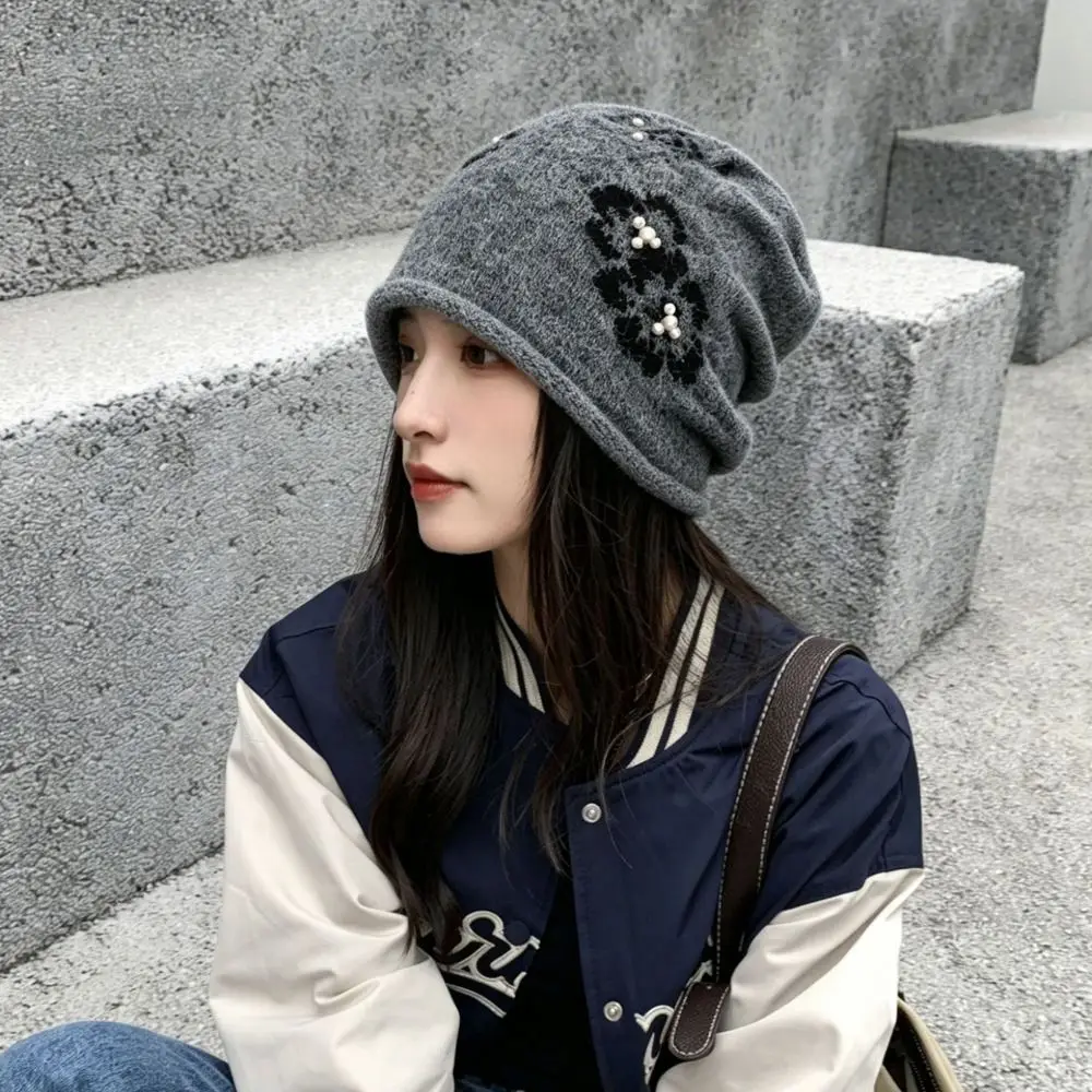 Ear Protection Floral Slouchy Beanie Stretchy Windproof Fall Winter Cold Hat Knitted 56-58CM Flower Pattern Knitted Pile Cap