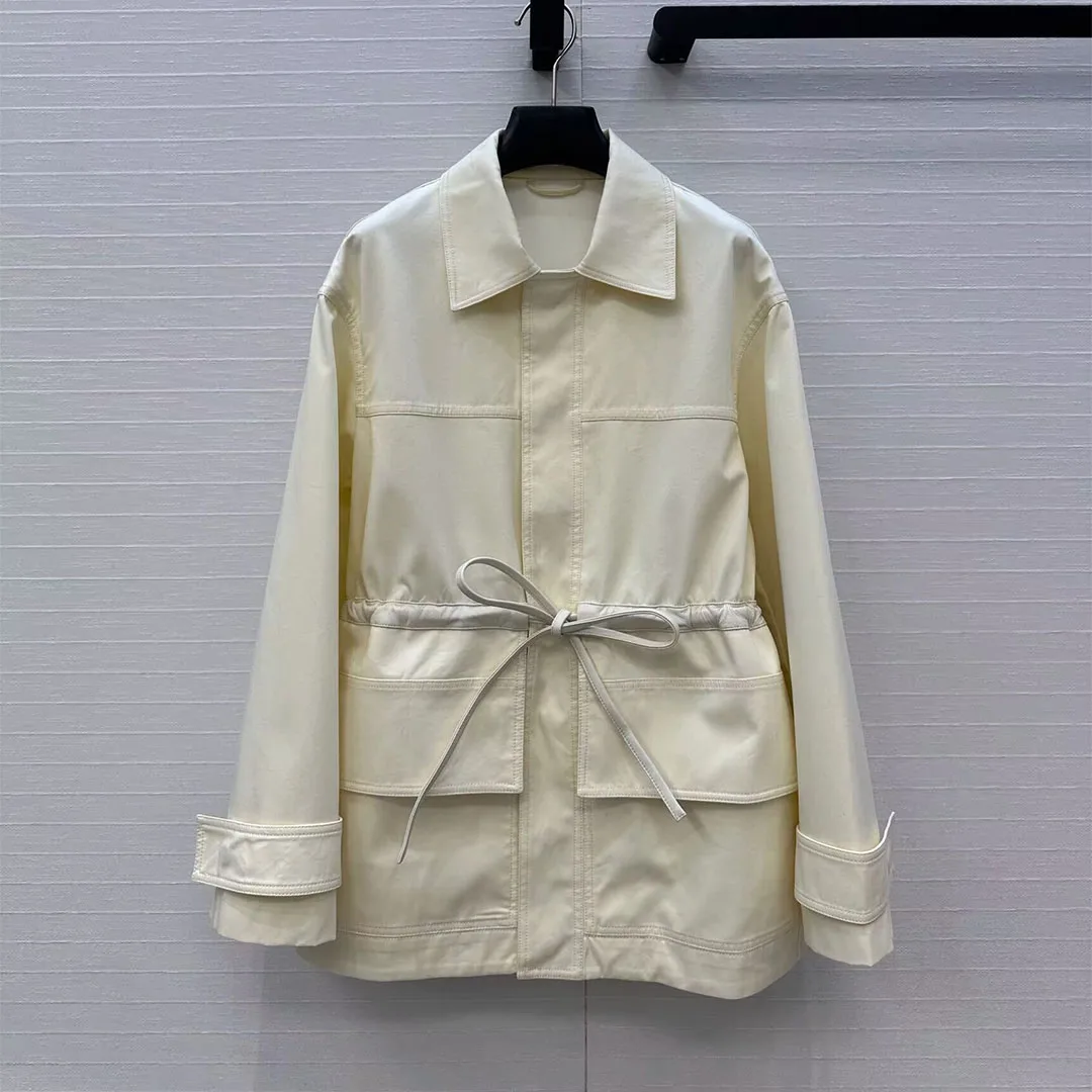 

2025 New Autumn Luxury Sheepskin Leather Drawstring Belt Trench Coat Women Big Pockets Safari Style Lapel Vintage Loose Overcoat