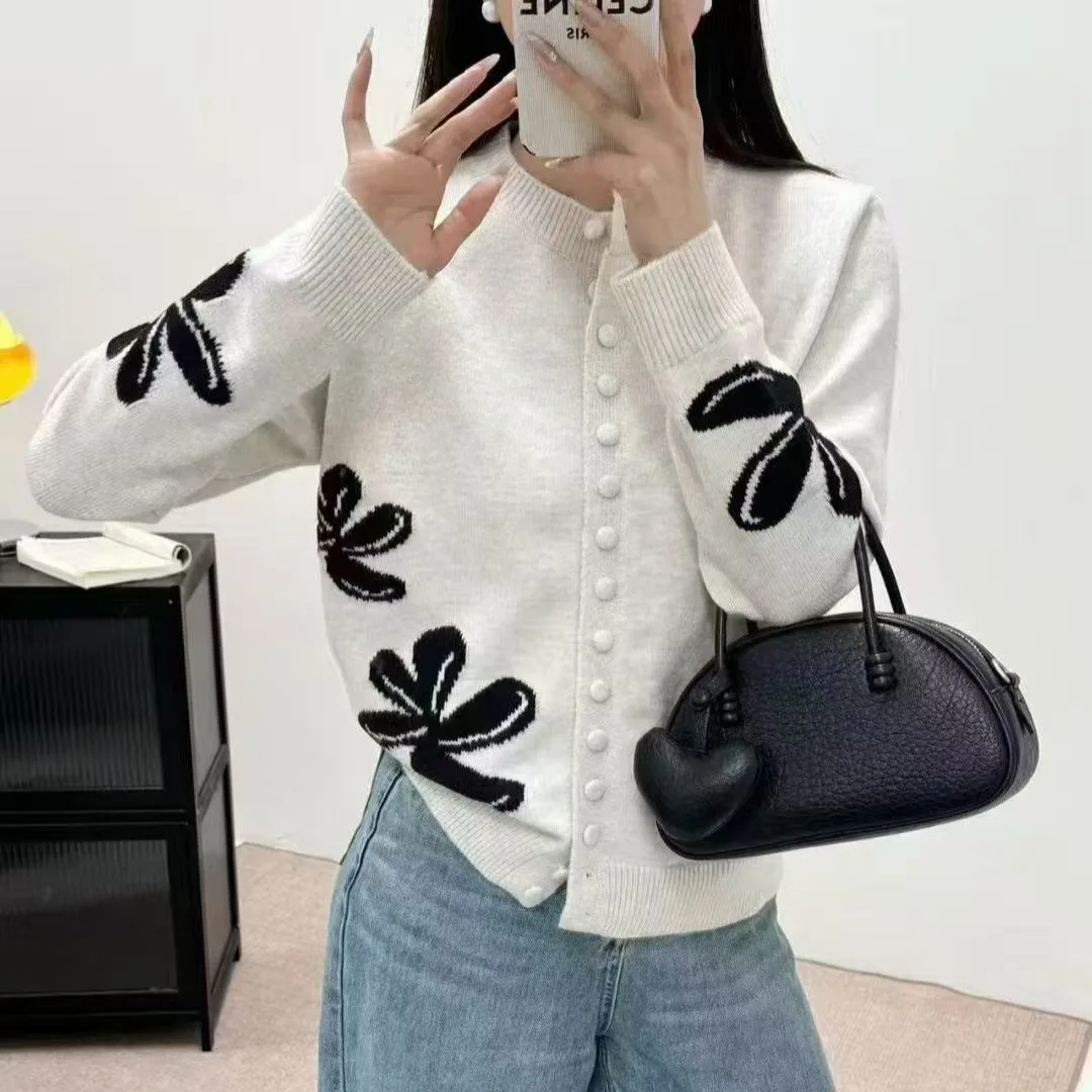 

Женский элегантный однобортный универсальный короткий вязаный топ, корейский осенне-зимний лоскутный свитер с круглым вырезом и длинными рукавами