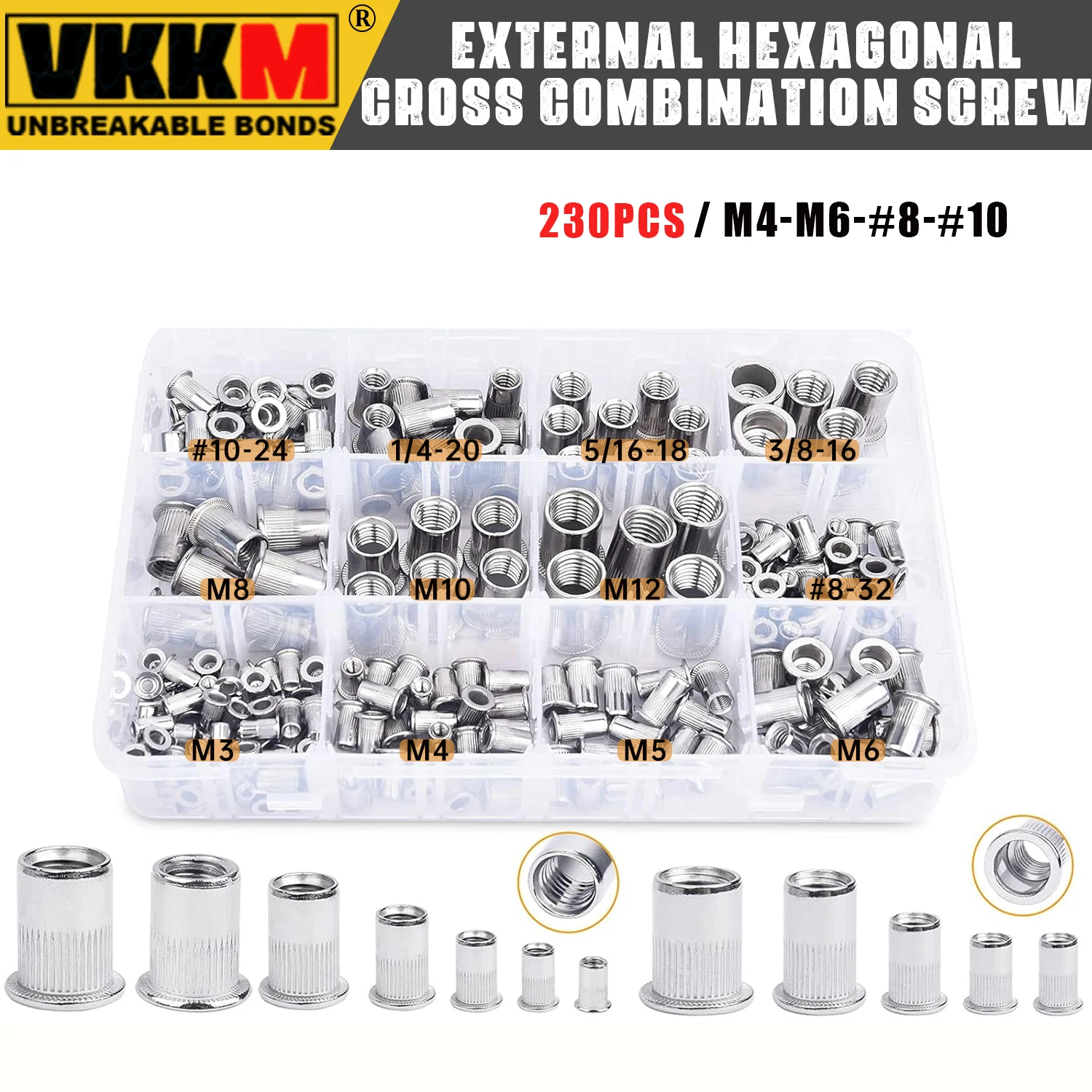 

230PCS SAE and Metric Rivet Nuts UNC Nut Nut Sorting Kit, Flat Head Insert Nut Sorting #8 #10 and M3 -M12（304 Stainless Steel）