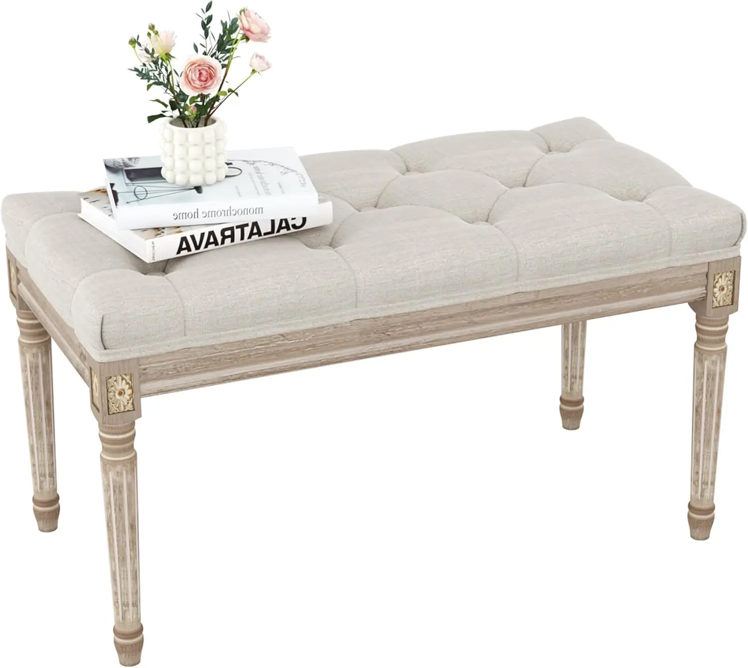 Upholstered Bench with Button Tufted Seat and Carved Wood Legs for Bedroom, Living Room, Dining, Entryway, Beige