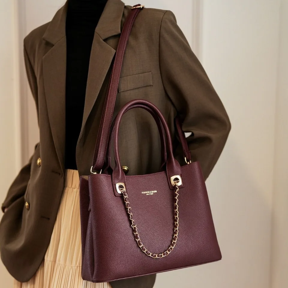 

Counter-Quality Sturdy Wear-Resistant Handbag Elegant Chain Decor Textured Vegan Leather Top Handle Shoulder Crossbody Tote Bag
