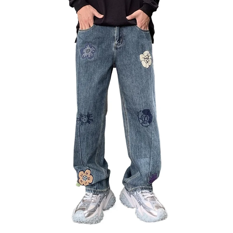 Petal Embroidery Denim Pant Jeans Men's Trendy Brand Wide-leg Loose Casual Baggy Jeans Pant Man Plus Size Trousers 36 38 40