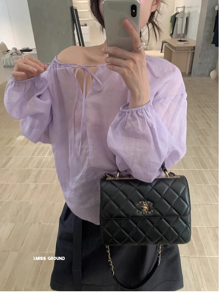 

Elegant Purple Linen Shirt Women's Summer New Lazy Lightweight Sun Protection Top with Belt Design Loose Fit Long Sleeve