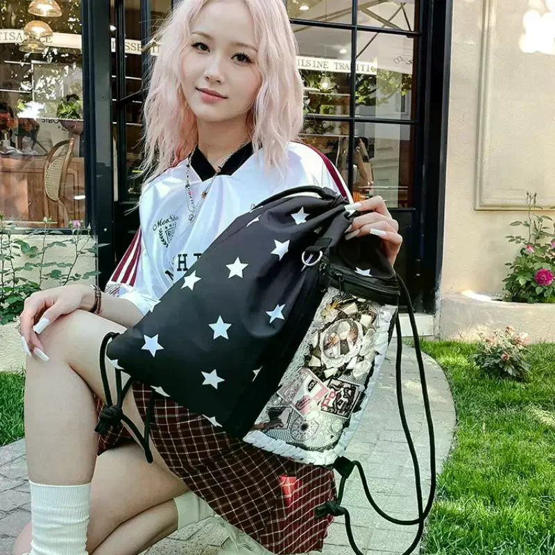 Stylish Lightweight Commuter Backpack; Large Capacity, Transparent Canvas with Star Print and Drawstring.