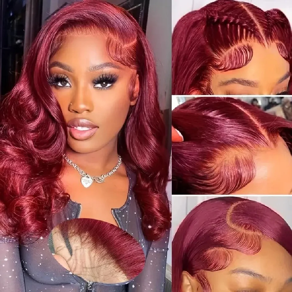 Red Colored Body Wave Human Hair Wigs Fringe 99J Burgundy 13x4 Lace Frontal Glueless Wigs With Bangs Hd Lace Wig 13x6 Human Hair