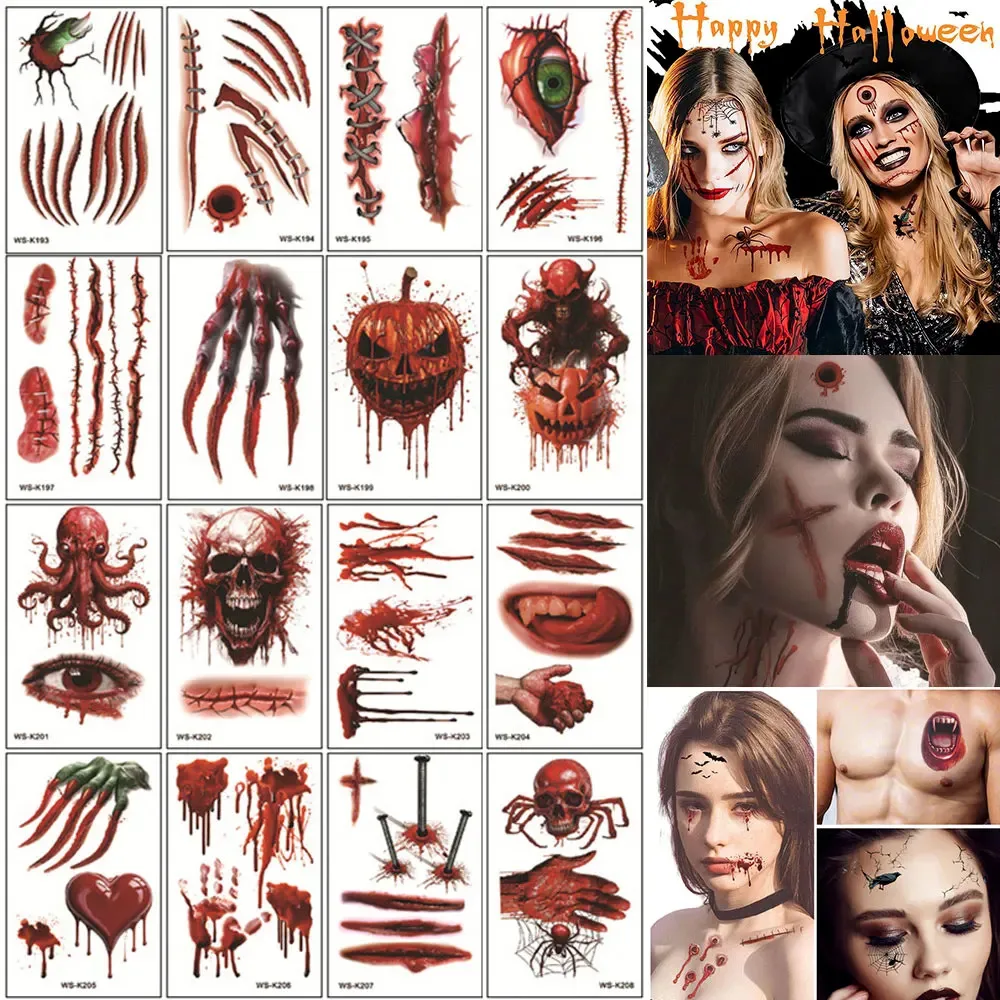 

2025 New Scar Fake Tattoos for Face Body Scary Temporary Tattoos for Halloween Horror Wound Bloody DIY Makeup Tattoo Stickers