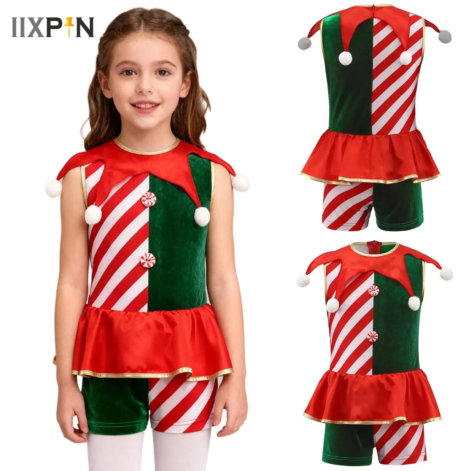 

Boys Girls Striped Candy Cane Cosplay Jumpsuit Christmas Ballet Dance Unitard Xmas New Year Carnival Elf Fancy Dress Up Costume