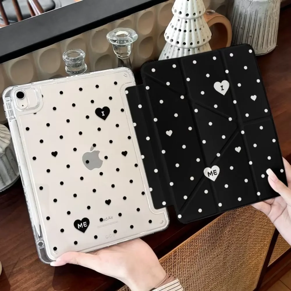 White Polka Dot Black Heart English Craetive For iPad Pro Air M5 M4 M3 M2 2 1 11th A16 12.9