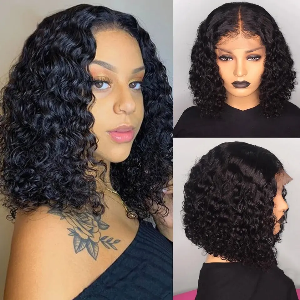 Natural black curly 16 inch wig human hair 13x6 HD lace front wig short bob 13x4 lace front wig loose deep wave glueless wig