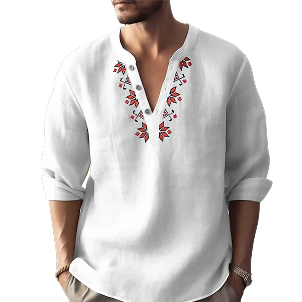 

New Autumn Men's Shirts Long Sleeve Floral V-Neck Button-Down Shirt Blouse Loose Henley Beach Tops Shirts For Men Clothing