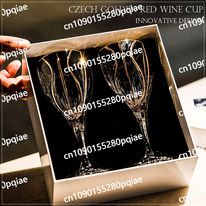 Czech BOHEMIA Imported High-end Gold-painted Red Wine Glasses Light Luxury Household Crystal Glass Goblets A Pair of Gift Boxes