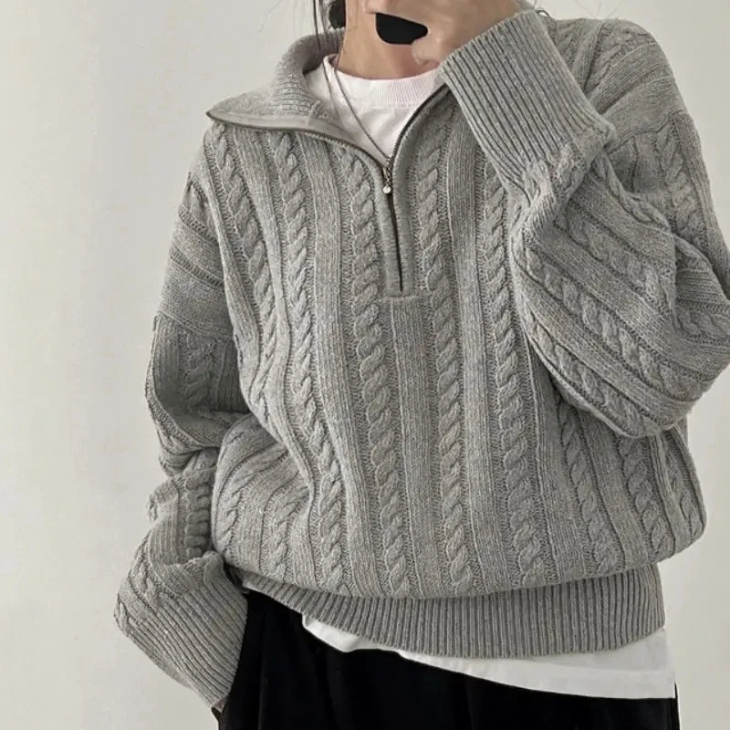 Korean Fashion Half Zipper Sweaters Women Vintage Twisted Knitted Crop Pullover Casual Sueter Mujer Long Sleeve Tops