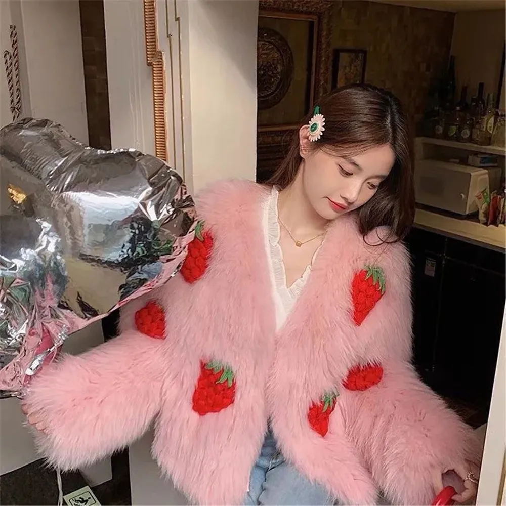 Y2Kformal Dresses2024 Autumn/Winter New Short Fox Hair Woven Fur Women'S Sweet Strawberry Figure Cardigan Fashion Coat