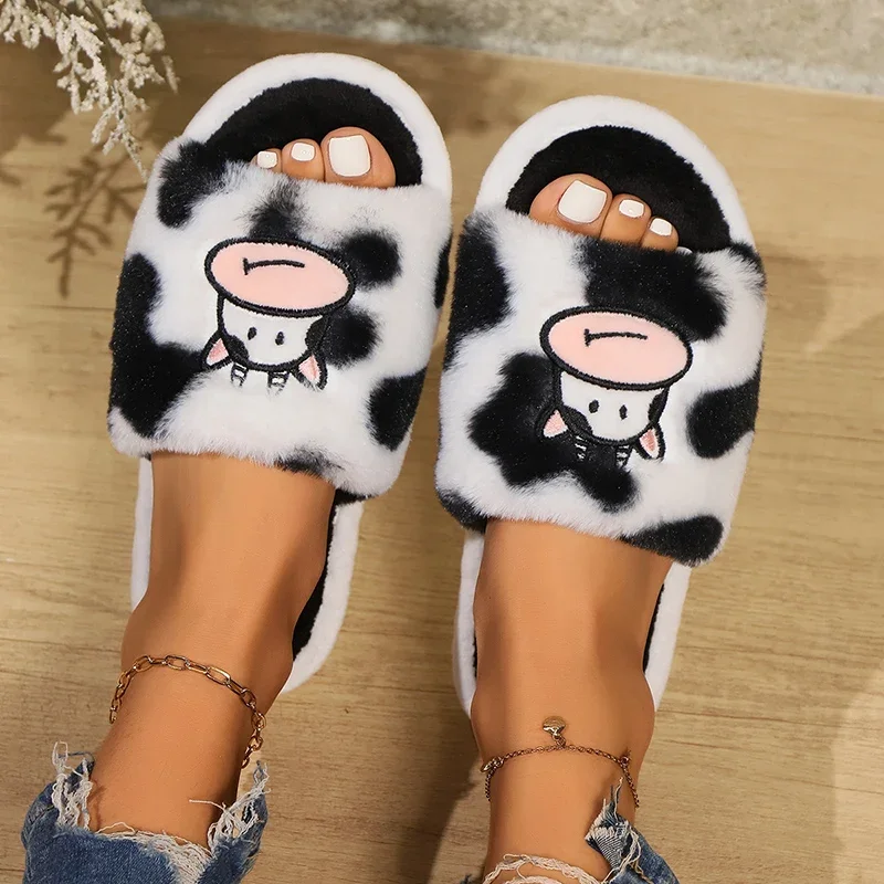 Women's Cute Cartoon Cow Fur Slippers Open Toe Non Slip Indoor House Plush Slides Woman Comfort Flat Heels Home Cotton Shoes
