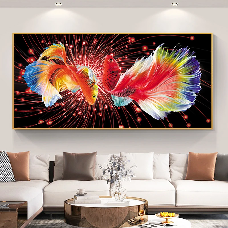 Framed Fish Canvas Painting for Living Room, Modern Double Carp Art Decoration, Animal Wealth, Wall Decor, Poster, Home Decor