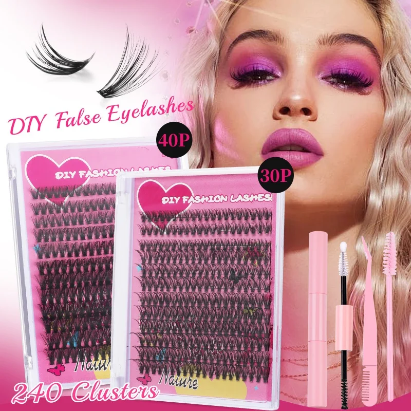 

240pcs Eyelash Extension Kit 30P+40P Cluster False Eyelashes Individual Lashes Wispy Fluffy Lash Extension Kit Applicator Tool