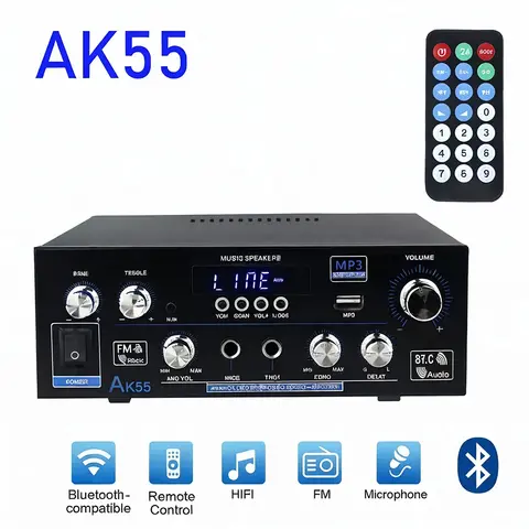 AK55 HiFi Digital Amplifier Channel 2.0 Bluetooth Surround Sound AMP Max Power 90Wx2 Speaker for Home Car BT 5.0 Audio AMP