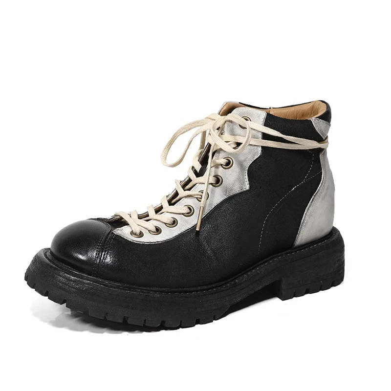 Handmade Casual Genuine Leather Commuter Work Boots Men's Shoes High Top Thick Sole Round Toe Chelsea Hiking Boots Male