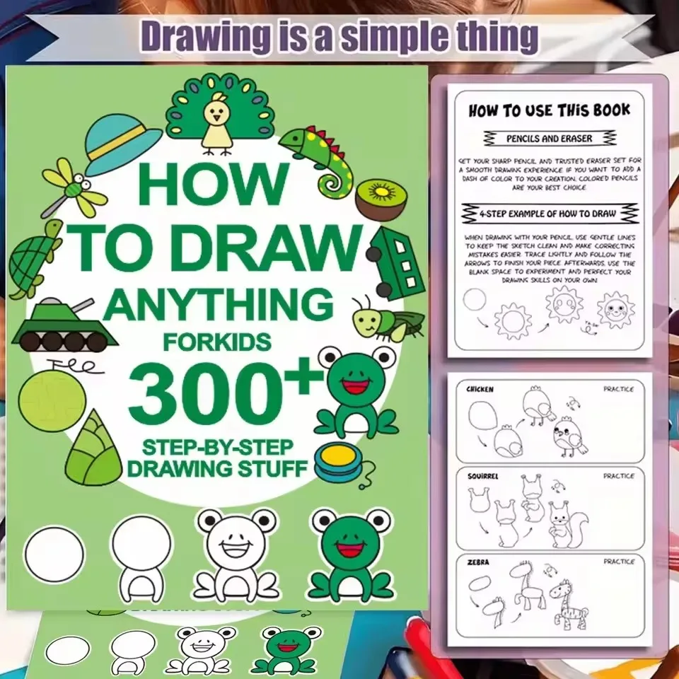 300+ Step-by-Step Green Stick Figure Drawing Book Art Learning Painting Supplies Cartoon Dinosaur Frog Designs Gift