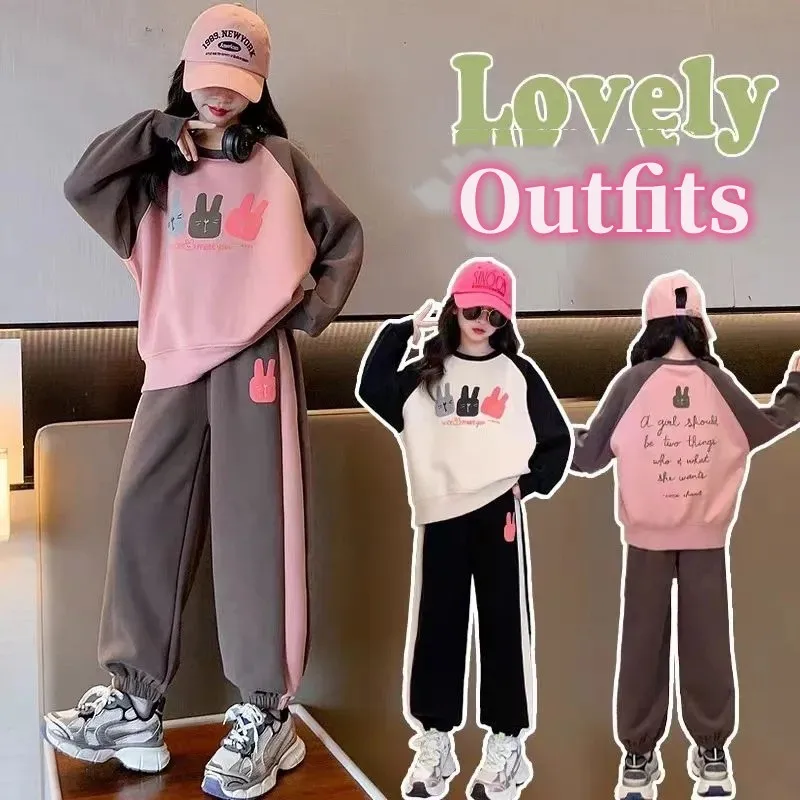 

Girls Cotton Contrast Cartoon Alphabet Sweatshirt+Sweatpant School Kids 2PCS Tracksuit Child Jogger Outfit Workout Sets 5-16 Yr