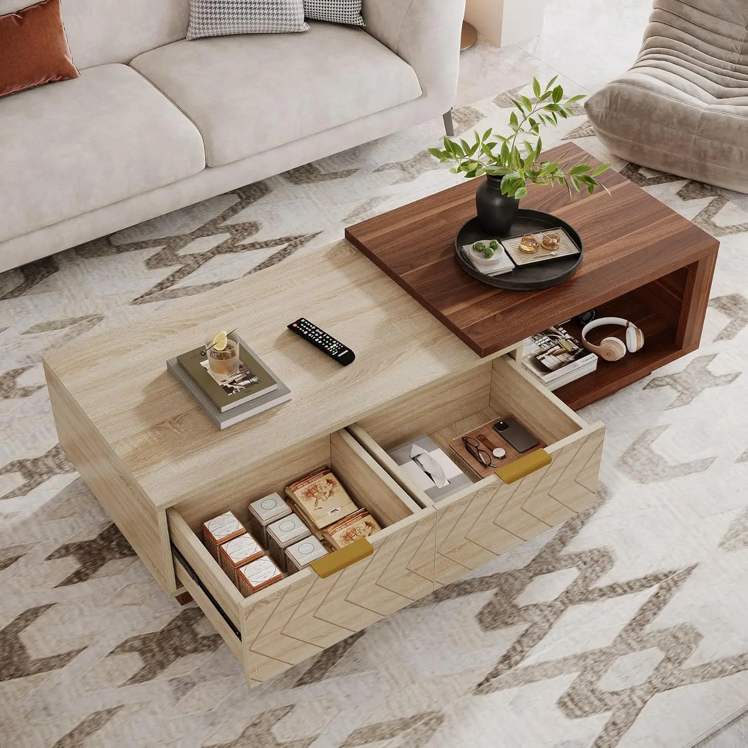 Mesa de Centro Extensible y Ajustable de Madera Reversible con 2 Cajones de Almacenamiento, para Sala de Estar, Grande, en Dos Tonos, Nogal y Roble, Personalizable
