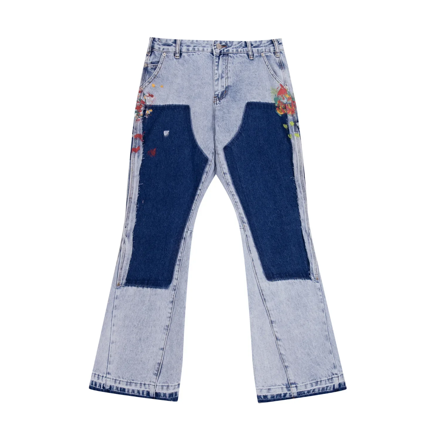 قسم جينز أزرق مغسول بفتحات مكسورة، جيوب كاجوال للرجال والنساء في شارع العليا، سروال بأزرار سفلية #1