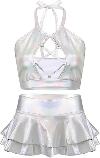 Women's Rave Outfit Sets for Festivals 2 Pcs Metallic Tops Skirt Party Club Holographic Shiny Metallic Costume Stage Cos view 3