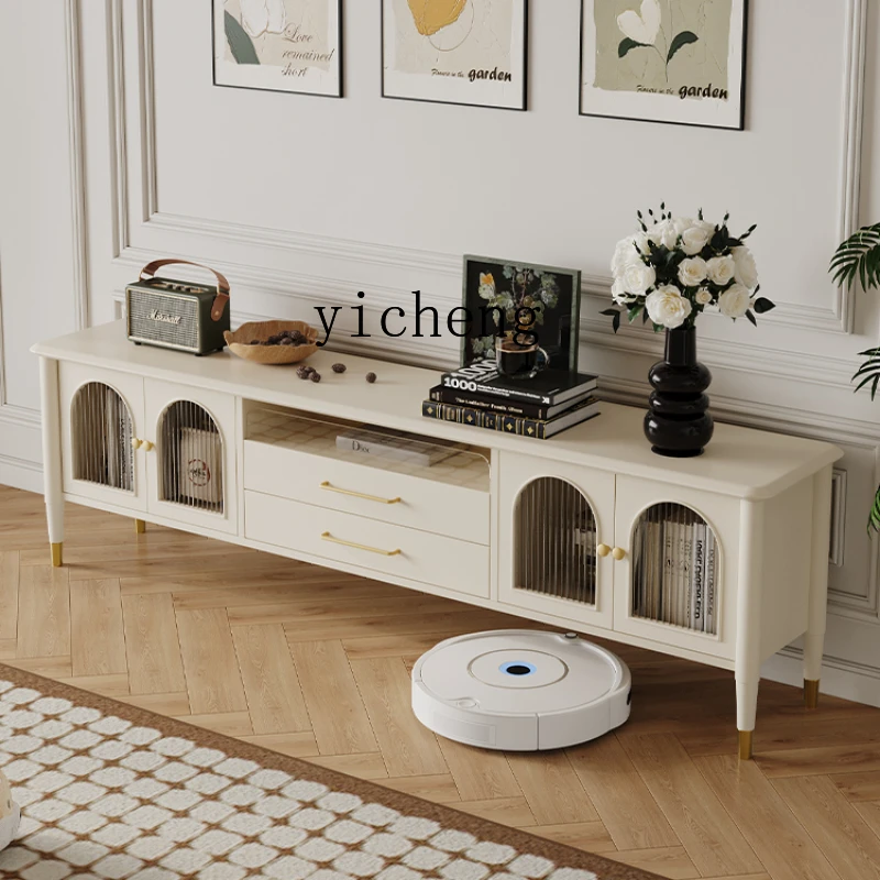 

ZF Solid Wood TV Cabinet and Tea Table Combination Living Room Small Apartment White TV Stand