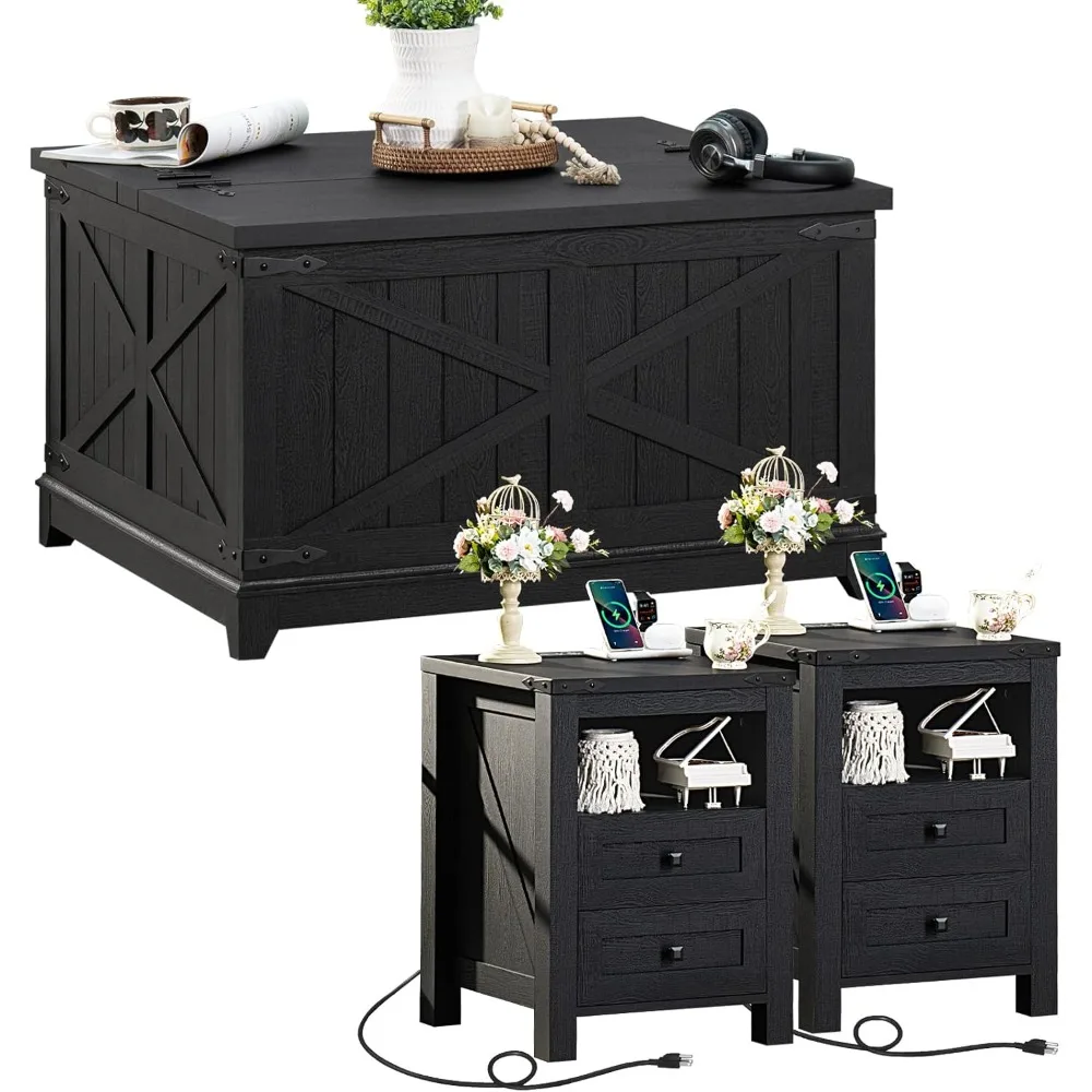 

Наборы для гостиной в фермерском доме, журнальный столик со скрытым органайзером для хранения и ночными ручками с зарядной станцией, набор журнальных столиков