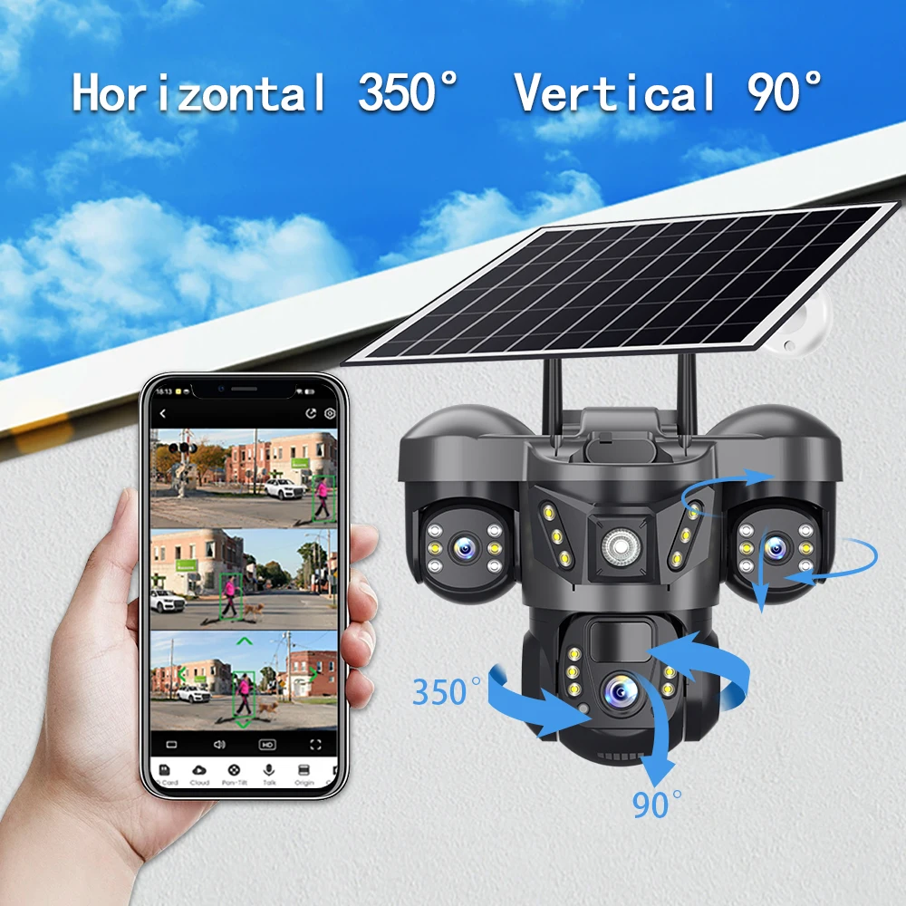 V380 PRO 15MP 10X Zoom Lente Tripla 4G Câmera Solar Ao Ar Livre CCTV PIR Detecção de Movimento Vigilância de Segurança de 3 Tela