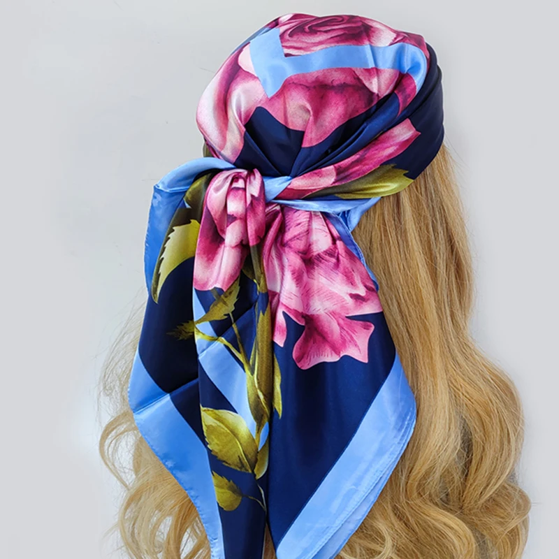 90*90cm Silk Scarves Women Print Foulard Satin Square Head Hijab Ladies Luxury Brand Shawl Bandanna Female Muffler chiffen wrap