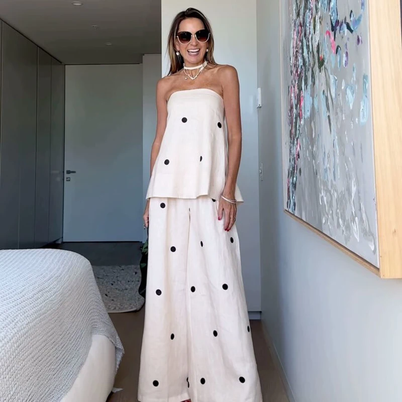 BUSCFOX Women Chic Dot Print Wrapped Chest Strapless Tops Set Fashion Back Slit Zipper Wide Leg Pants Suit Lady Holiday Outfit