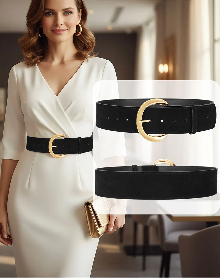 Maikun breite Wildledergürtel für Damen, Damen, klobiger Bund, modisch für Kleid mit goldener Schnalle – Detail 4