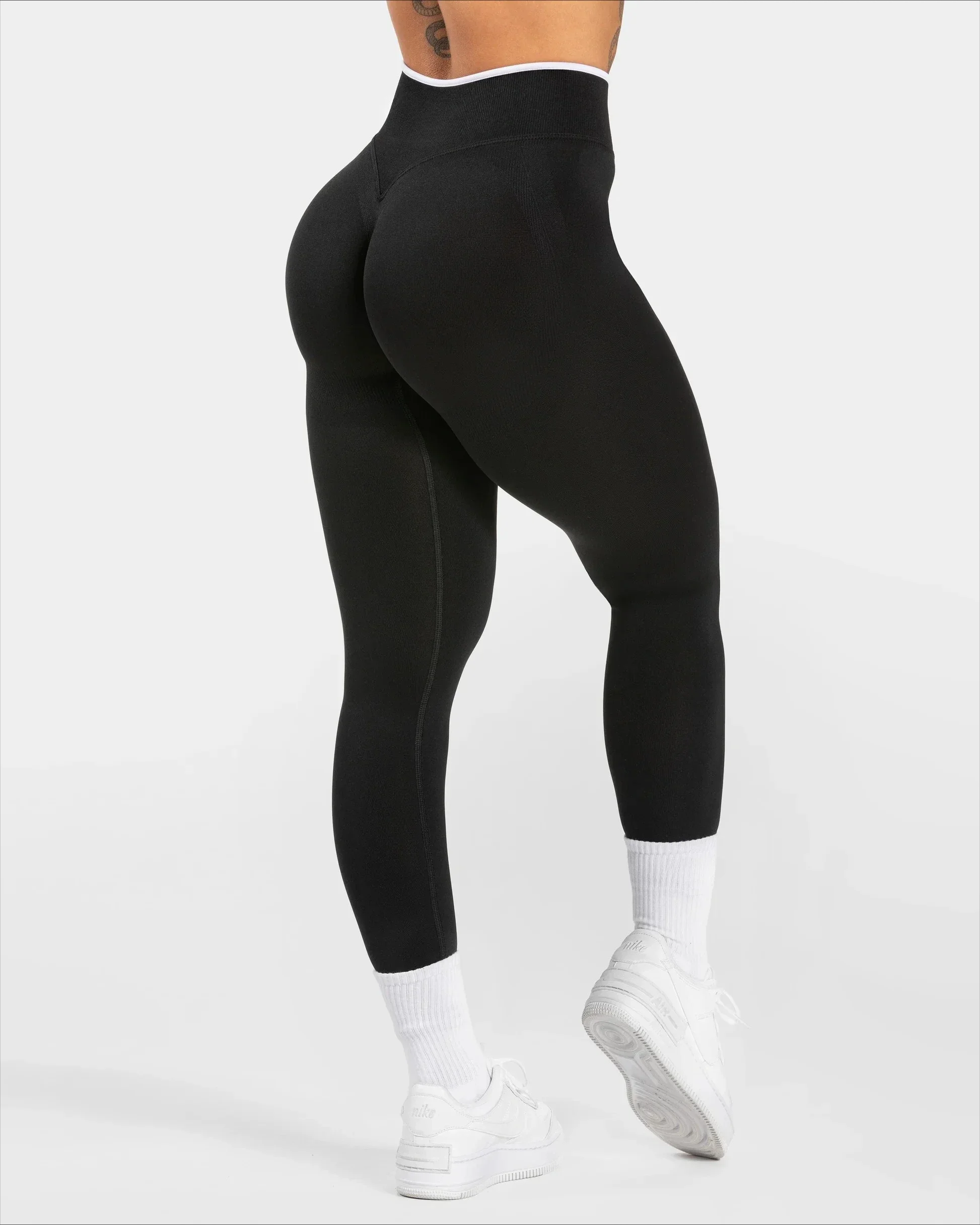 Nahtlose Sport-Leggings für Damen, weißer Rand, Taille, eng, hohe Taille, Hüftheben, Yoga-Hose, Fitnessstudio, Lauftraining, einfarbige Hose – Detail 18