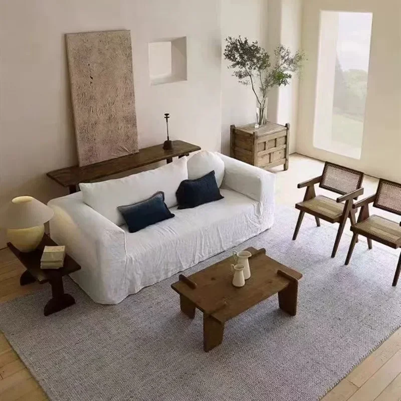 Canapé wabi-sabi de style japonais, tissu en lin, bloc de tofu amovible et lavable pour trois personnes, appartement chez l'habitant, petit appartement