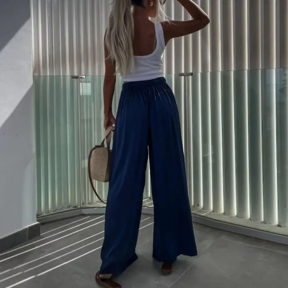 

Women Trousers Sporty Loose Fit Women's Wide Leg Pants Mid-rise Elastic Waist Solid Color Trousers for Summer Floor Length