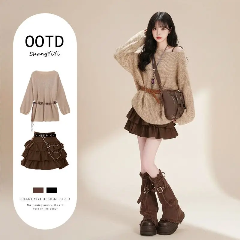 

Travel Faion Tourist Dr Set High Waist Casual Sle Long Sve round Ne Knitted Top And Skirt Two Piece Outfit for Women