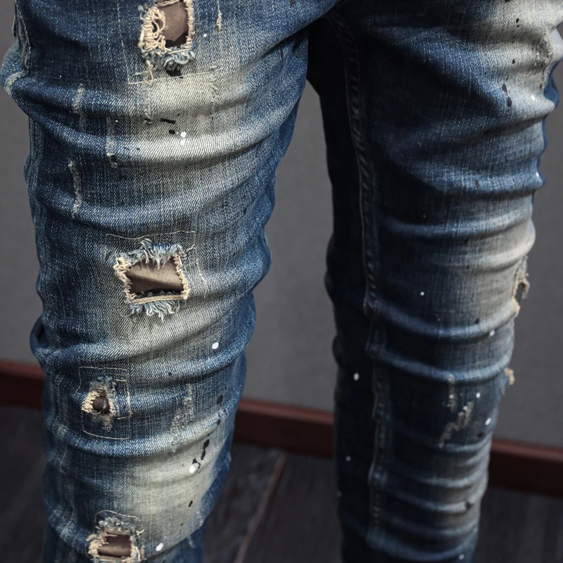 Italian new denim jeans scratch washed retro elastic slim fit blue jeans street patchwork pants Y2K