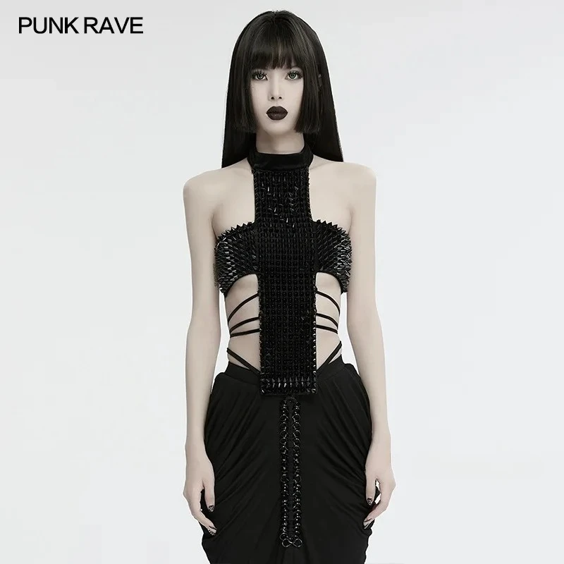 PUNK RAVE Women's Gothic Elastic Velvet Material Cross Halter Top Rivet Design Fashion Futuristic Sexy  Neck Tanks
