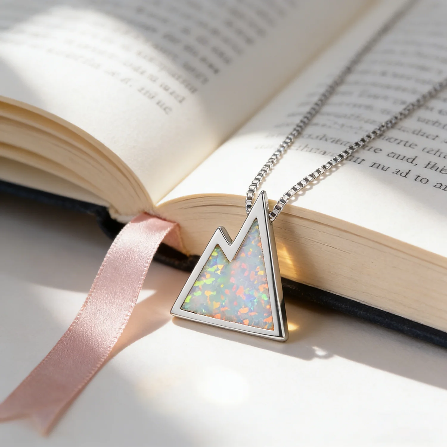 Adjustable Mountain Opal Necklace,Dainty Silver Plated Peak Pendant with Iridescent Play of Color,Zen Landscape Gift for Women